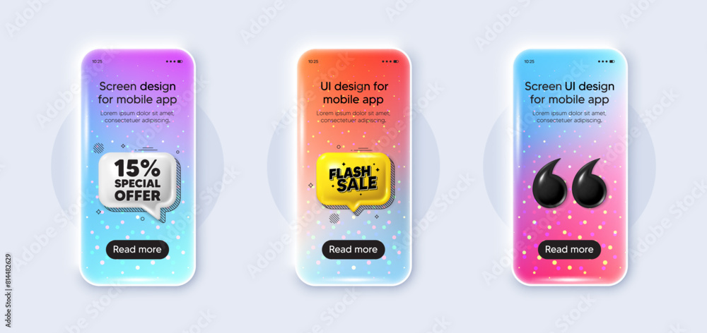 Phone 3d mockup gradient screen. 15 percent discount offer tag. Sale price promo sign. Special offer symbol. Discount phone mockup message. Flash sale chat speech bubble. Yellow text box app. Vector Phone 3d mockup gradient screen. 15 percent discount offer tag. Sale price promo sign. Special offer symbol. Discount phone mockup message. Flash sale chat speech bubble. Yellow text box app. Vector