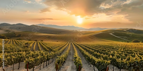 Vibrant sunset over vineyard hills with grapevines extending into the distance. Concept Sunset Photography  Vineyard Scenery  Nature Landscape  Grapevine Rows