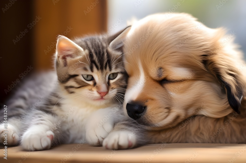 A puppy and a kitten cuddling affectionately on the bed showing their strong bond and friendship
A puppy and a kitten cuddling affectionately on the bed showing their strong bond and friendship