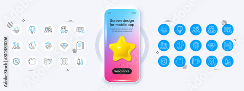 Doctor, Moon and Medical vaccination line icons. Phone mockup with 3d star icon. Pack of Sunrise, Face detection, Ab testing icon. Coronavirus pills, 5g wifi, Air balloon pictogram. Vector
