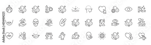 Copper mineral, Eye drops and Sulfur mineral line icons. Pack of Difficult stress, Clean skin, Mint tea icon. Patient, Washing hands, Skin care pictogram. Medical mask, Dont touch, Vitamin b6. Vector