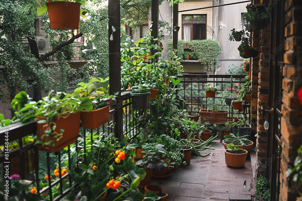 Obraz premium A small, lush balcony garden in a bustling urban cityscape, showcasing a variety of plants and vegetables being cultivated in compact spaces for sustainable living and self-sufficiency 
