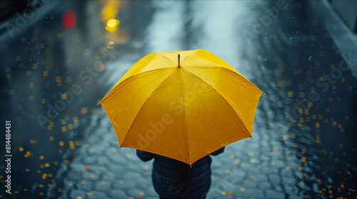 A woman holding a yellow umbrella in the rain.