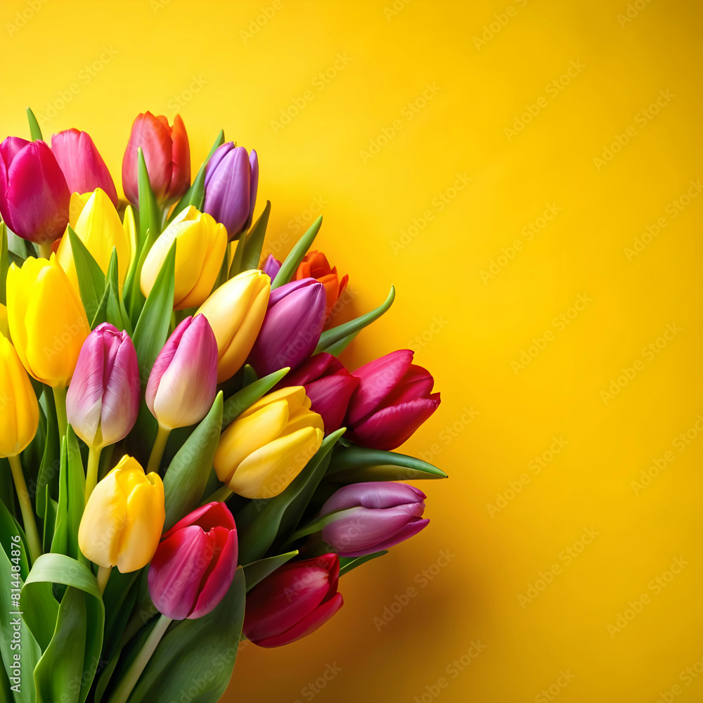 bouquet of multicolored tulips on yellow background bouquet of multicolored tulips on yellow background