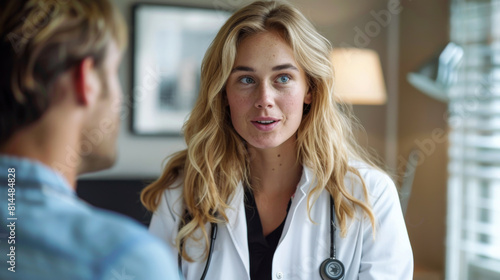 A young female doctor holds an appointment in a medical office. Blonde woman talking to a patient indoors. Medicine concept.