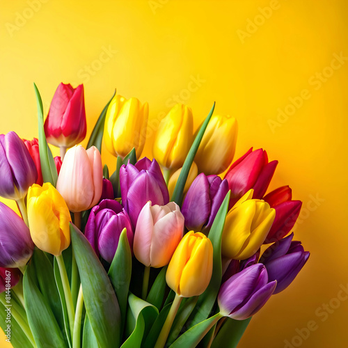 bouquet of multicolored tulips on yellow background