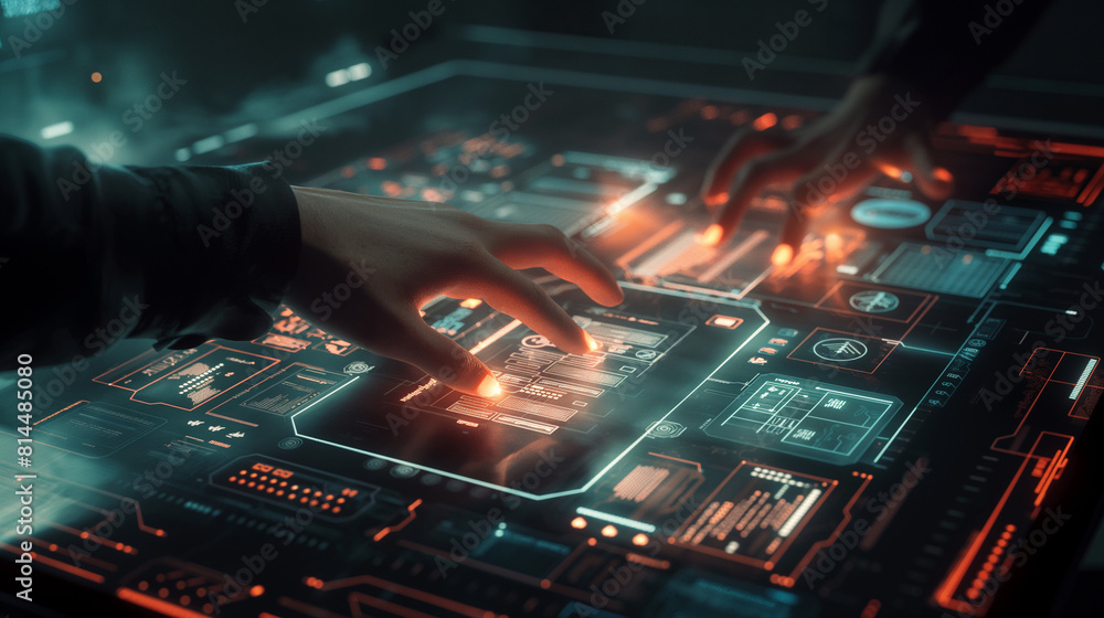 Tech Screen Computer The image depicts a person in a dark room using a futuristic touch ...