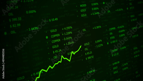 Green coloured business raw materials changing prices and stock index data with graph illustration. 