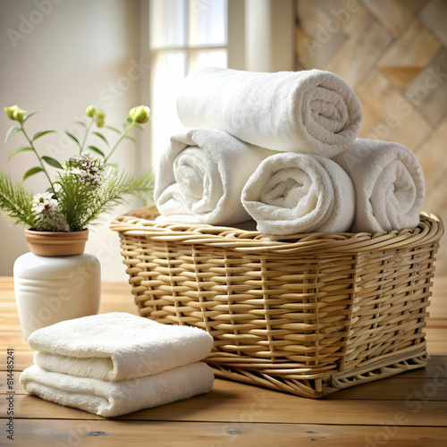 Laundry basket with towels. washing machine in the background. professional photo.