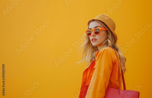 Fashion model dressed in orange clothes hat sunglasses, posing red bag on yellow background © antkevyv