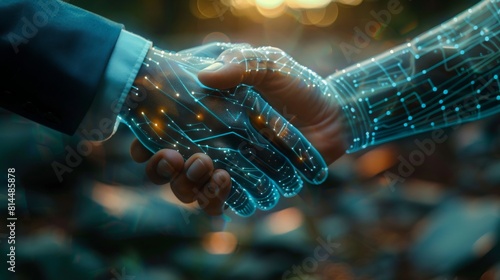 Two people join hands with AI, between Ai in business and for the future. © Piyawat