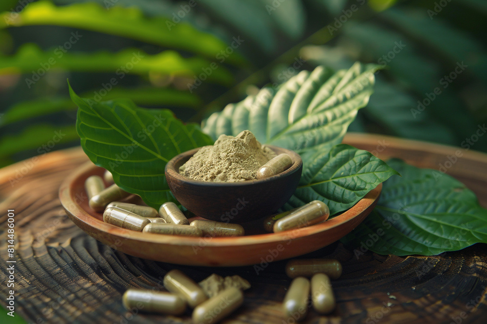 A still life arrangement featuring Kratom powder, fresh green leaves, and capsules Alternative medicinal use of Kratom, a tropical tree, often used in traditional medicine A still life arrangement featuring Kratom powder, fresh green leaves, and capsules Alternative medicinal use of Kratom, a tropical tree, often used in traditional medicine