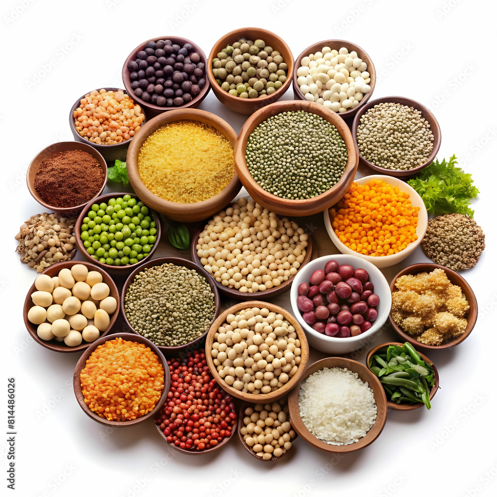Set of superfoods, legumes, cereals, nuts, seeds in bowls on white table. top view Set of superfoods, legumes, cereals, nuts, seeds in bowls on white table. top view