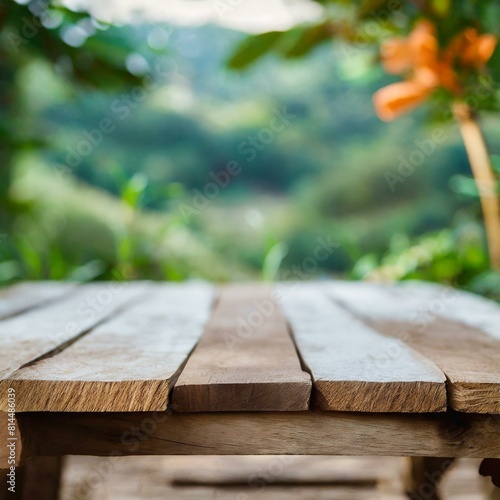 table on the beach close-up  the rustic charm of an empty wooden table nestled amidst a lush outdoor backdrop, © Gul
