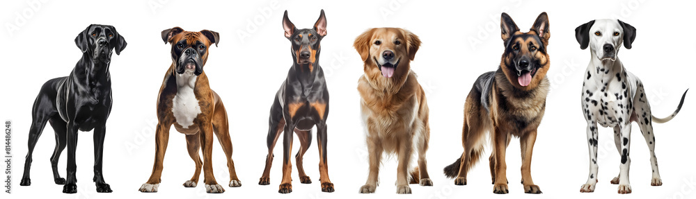 Set of 6 dog puppy, Black Great Dane, Boxer, Doberman, Golden Retriever, German Shepherd, Dalmatian full body shot isolated on transparent background cutout, PNG file Set of 6 dog puppy, Black Great Dane, Boxer, Doberman, Golden Retriever, German Shepherd, Dalmatian full body shot isolated on transparent background cutout, PNG file