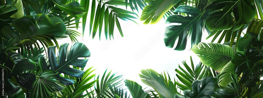 Minimalist tropical leaves forming a frame with a blank space for symbol or text. Minimalist tropical leaves forming a frame with a blank space for symbol or text.