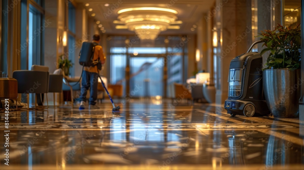 A worker efficiently cleaning a luxury hotel lobby with a cordless backpack vacuum, focusing on guest comfort and cleanliness. A worker efficiently cleaning a luxury hotel lobby with a cordless backpack vacuum, focusing on guest comfort and cleanliness.