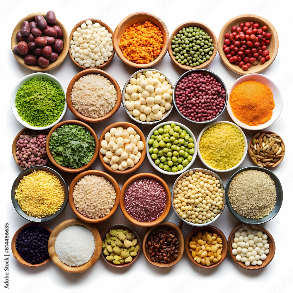 Set of superfoods, legumes, cereals, nuts, seeds in bowls on white table. top view Set of superfoods, legumes, cereals, nuts, seeds in bowls on white table. top view