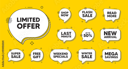 Offer speech bubble icons. Limited offer tag. Special promo sign. Sale promotion symbol. Limited offer chat offer. Speech bubble discount banner. Text box balloon. Vector