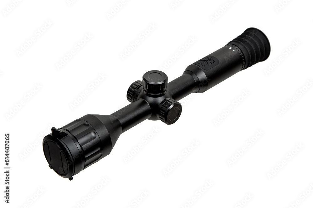 Modern sniper scope on a white background. Optical device for aiming and shooting at long distances. Sight with built-in thermal imager. Isolate on a white back Modern sniper scope on a white background. Optical device for aiming and shooting at long distances. Sight with built-in thermal imager. Isolate on a white back