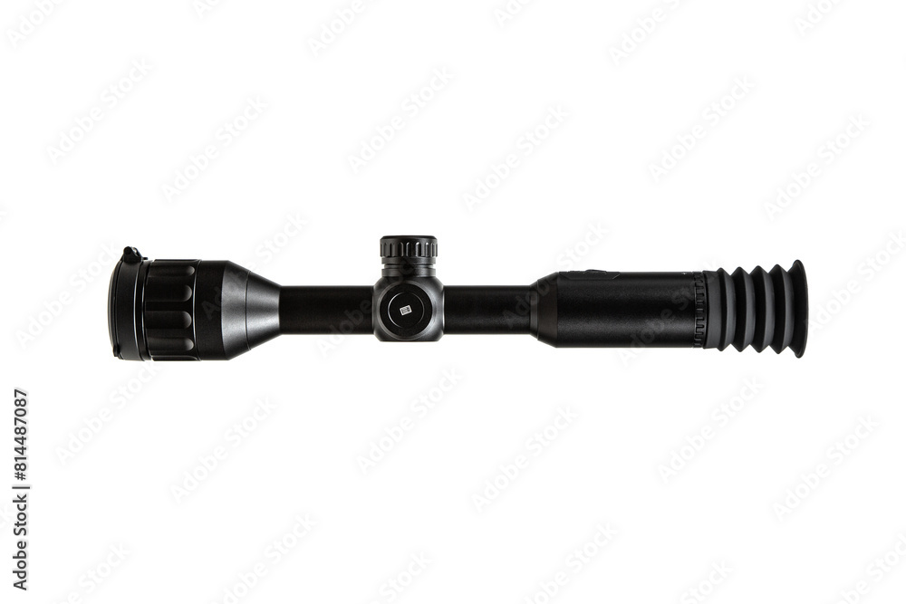 Modern sniper scope on a white background. Optical device for aiming and shooting at long distances. Sight with built-in thermal imager. Isolate on a white back Modern sniper scope on a white background. Optical device for aiming and shooting at long distances. Sight with built-in thermal imager. Isolate on a white back