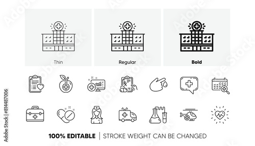 Hospital assistance, Health food diet and Laboratory. Medical line icons. Chemistry linear icon set. Line icons set. Vector