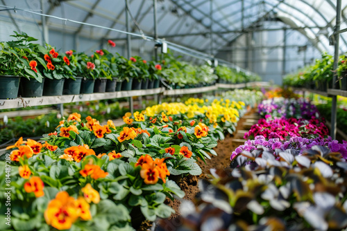 A thriving horticulture business showcasing a lush greenhouse filled with a variety of vibrant garden flower plants in full bloom  indicating growth and cultivation  