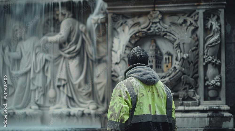 A worker in a fluorescent jacket cleaning a public monument, preserving its historical significance and appearance.