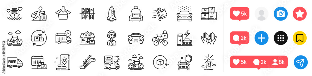 Bicycle lockers, Parking place and Lighthouse line icons pack. Social media icons. Car, Car secure, Get box web icon. Home moving, Food delivery, Return package pictogram. Vector Bicycle lockers, Parking place and Lighthouse line icons pack. Social media icons. Car, Car secure, Get box web icon. Home moving, Food delivery, Return package pictogram. Vector
