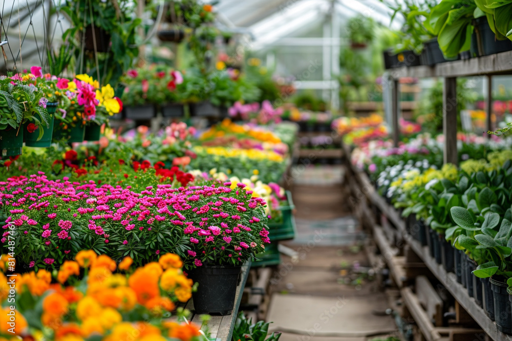 A thriving horticulture business showcasing a lush greenhouse filled with a variety of vibrant garden flower plants in full bloom, indicating growth and cultivation  