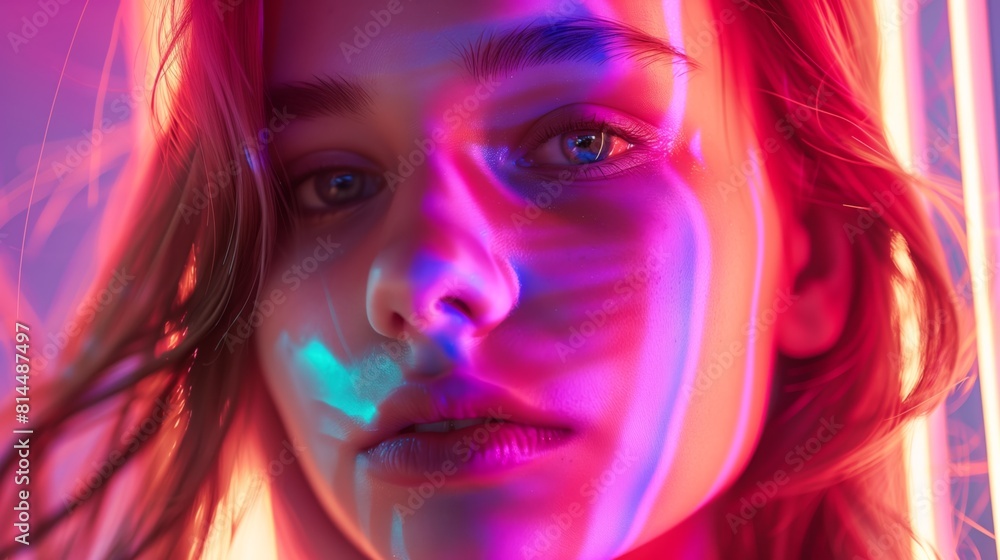 Vibrant Neon Light Portrait of Young Woman Vibrant Neon Light Portrait of Young Woman
