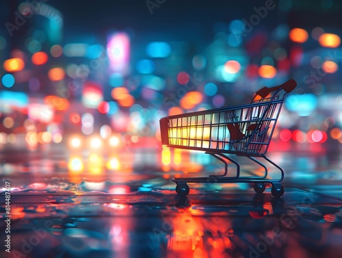 Silhouetted Shopping Cart Amid Vibrant Neon Cityscape at Night