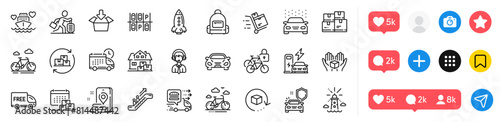 Bicycle lockers, Parking place and Lighthouse line icons pack. Social media icons. Car, Car secure, Get box web icon. Home moving, Food delivery, Return package pictogram. Vector photo