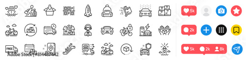Bicycle lockers, Parking place and Lighthouse line icons pack. Social media icons. Car, Car secure, Get box web icon. Home moving, Food delivery, Return package pictogram. Vector