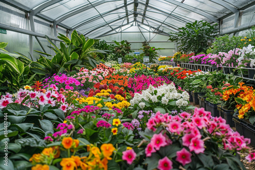A thriving horticulture business showcasing a lush greenhouse filled with a variety of vibrant garden flower plants in full bloom, indicating growth and cultivation   © Tohamina