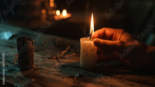 Close-up of a human hand lighting a wax candle to illuminate a dark room. Hands hold a lit candle on a dark background. photo