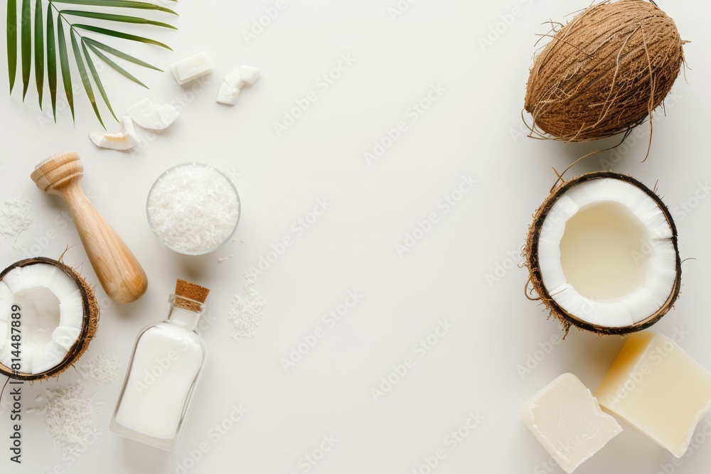Coconut oil and soap on a white background, in a flat lay, from a top view, with space for text. Concept of skincare products. A top view of beauty products, natural handmade soap for skin care. Coconut oil and soap on a white background, in a flat lay, from a top view, with space for text. Concept of skincare products. A top view of beauty products, natural handmade soap for skin care.