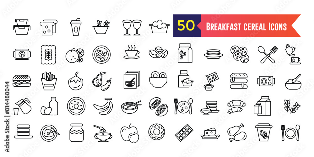 Breakfast cereal icons set outline vector. Snack granola. Bar cereal. Outline icon collection. Editable stroke. Breakfast cereal icons set outline vector. Snack granola. Bar cereal. Outline icon collection. Editable stroke.