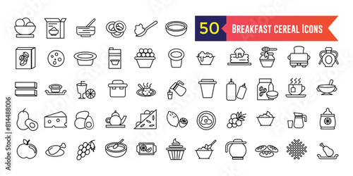 Breakfast cereal icons set outline vector. Snack granola. Bar cereal. Outline icon collection. Editable stroke.