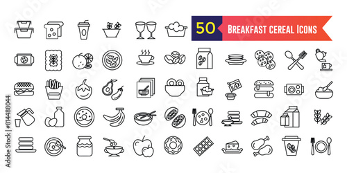 Breakfast cereal icons set outline vector. Snack granola. Bar cereal. Outline icon collection. Editable stroke. photo