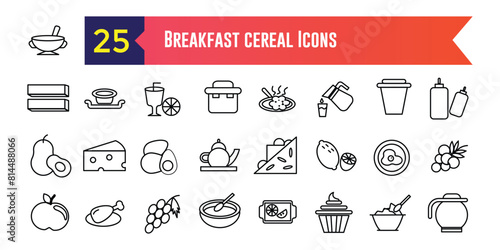 Breakfast cereal icons set outline vector. Snack granola. Bar cereal. Outline icon collection. Editable stroke.
