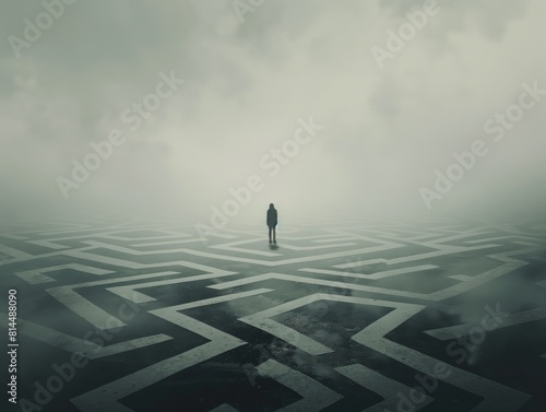 A lone figure stands amidst a vast, foggy maze, embodying solitude and life's complexity.
