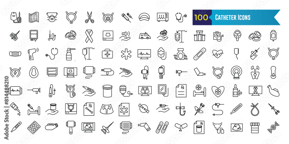 Catheter icons set. Outline set of catheter vector icons for ui design. Outline icon collection. Editable stroke. Catheter icons set. Outline set of catheter vector icons for ui design. Outline icon collection. Editable stroke.