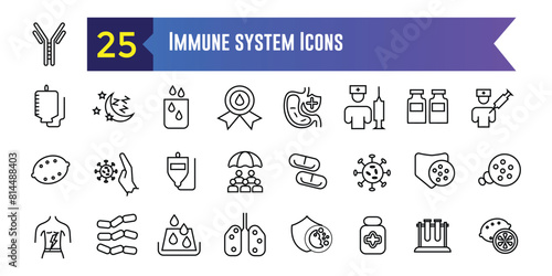 Immune system icons set. Outline set of immune system vector icons for ui design. Outline icon collection. Editable stroke.