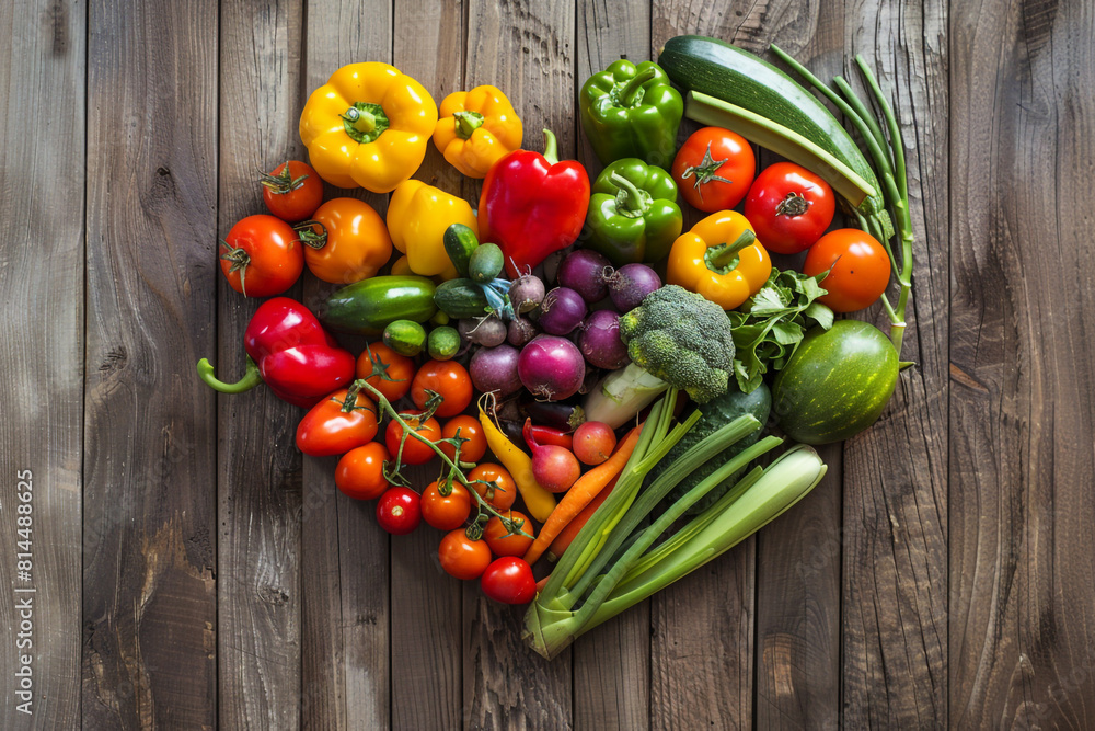 A variety of colorful fresh vegetables meticulously arranged to form a heart shape on a rustic wooden table, symbolizing love for healthy eating and nutritious diets A variety of colorful fresh vegetables meticulously arranged to form a heart shape on a rustic wooden table, symbolizing love for healthy eating and nutritious diets