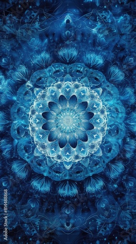 Oceanic mandala  shades of blue  backlighting  wavelike patterns  serene digital artwork
