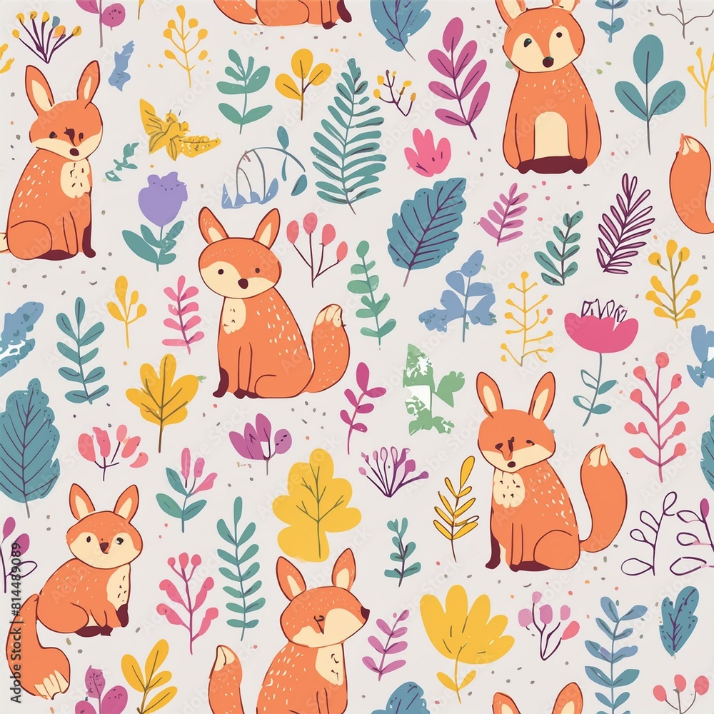 Design a pattern that combines whimsical forest animals like foxes, rabbits, and deer Design a pattern that combines whimsical forest animals like foxes, rabbits, and deer