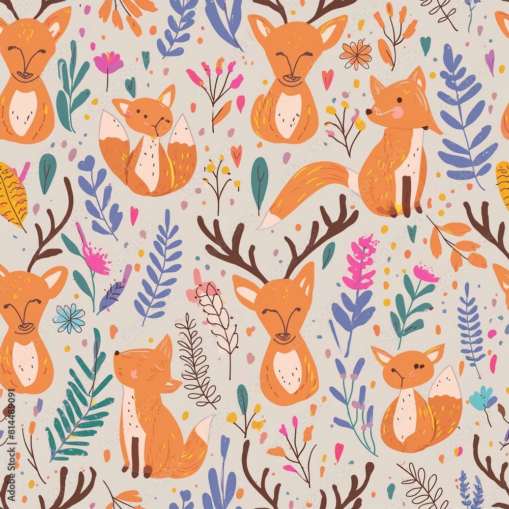 Design a pattern that combines whimsical forest animals like foxes, rabbits, and deer Design a pattern that combines whimsical forest animals like foxes, rabbits, and deer