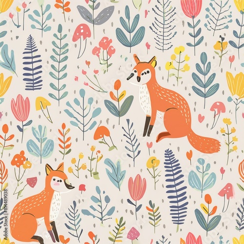 Design a pattern that combines whimsical forest animals like foxes  rabbits  and deer