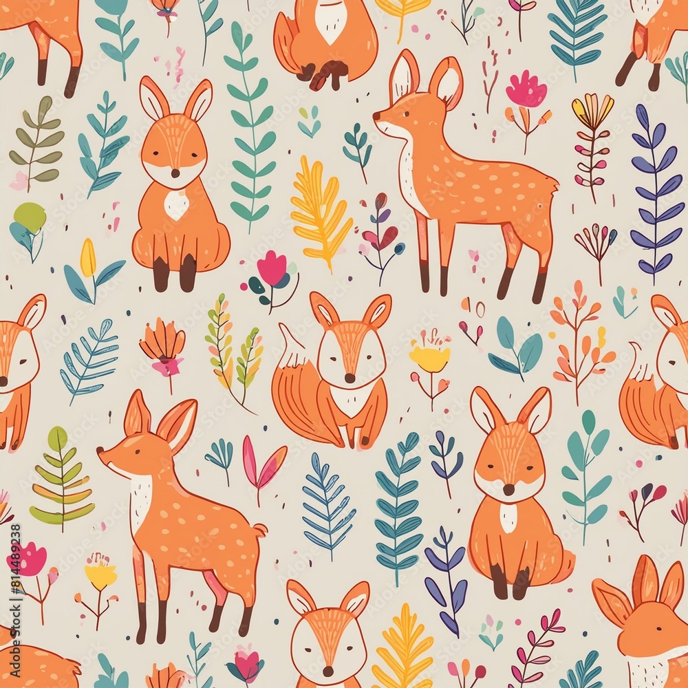 Design a pattern that combines whimsical forest animals like foxes, rabbits, and deer Design a pattern that combines whimsical forest animals like foxes, rabbits, and deer